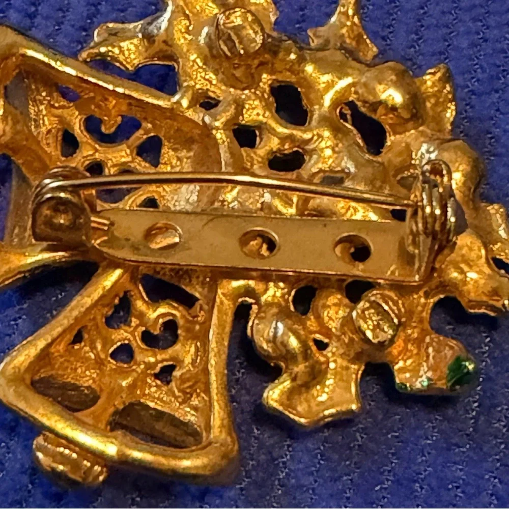Festive  Gold and Green Bell Brooch with Pearls